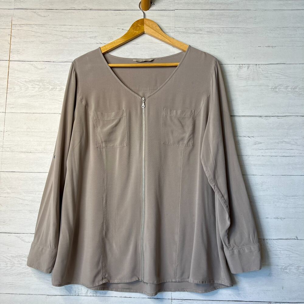 Soft Surroundings Top Womens Size Medium Taupe Zippy Tunic Rolled Tab Sleeve
